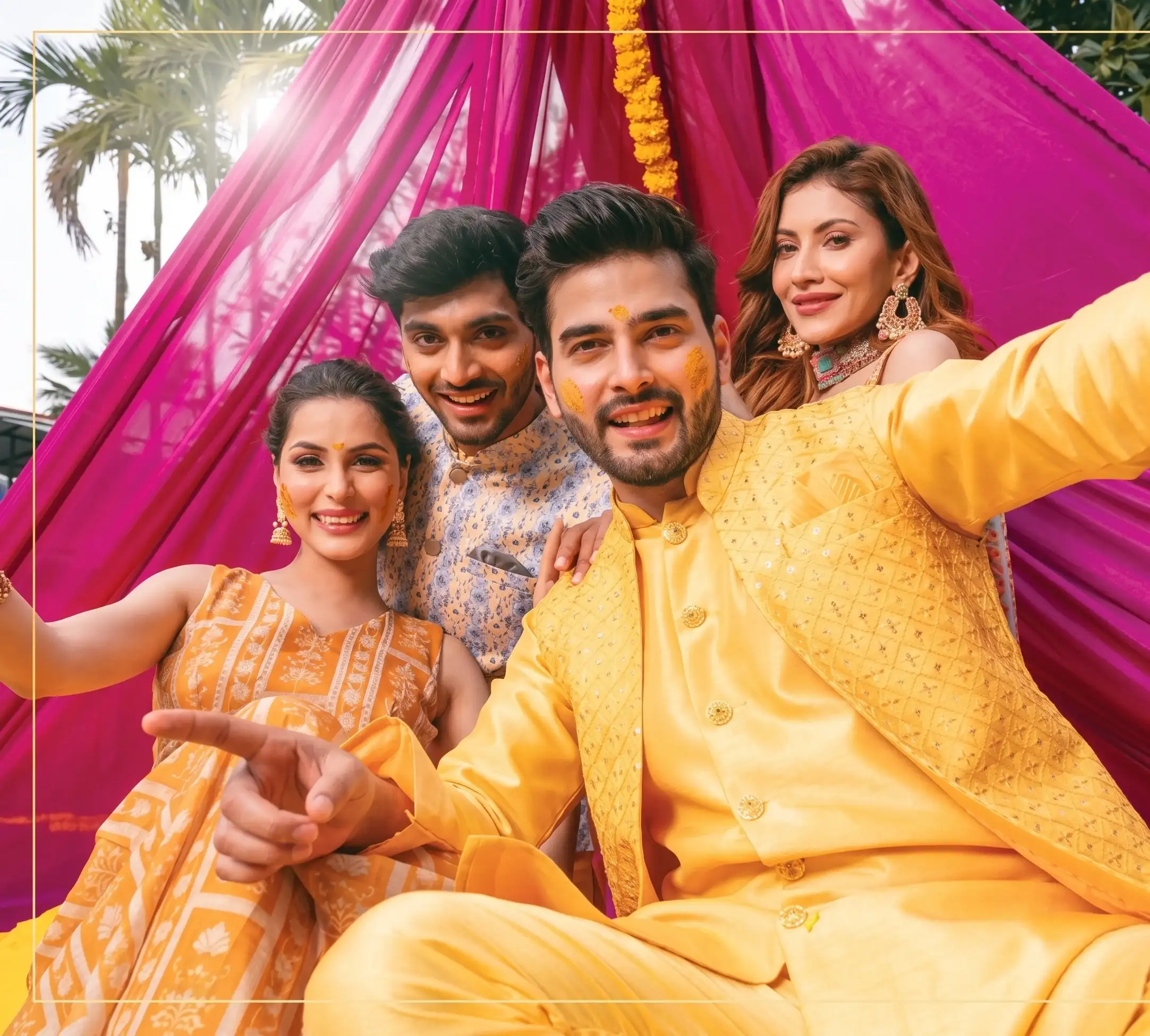 Friends in yellow taking a joyful selfie at the haldi ceremony